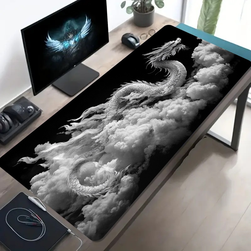 Desk Setup Black And White - Siyah Beyaz Ejderha Oyuncu Mouse Pad'i