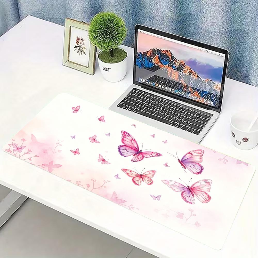 Desk Setup Pink - Sulu Boya Pembe Kelebek Desenli Büyük