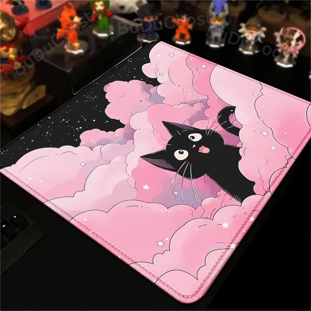 Desk Setup Pink - 18x22cm küçük halı siyah kedi bulutlar