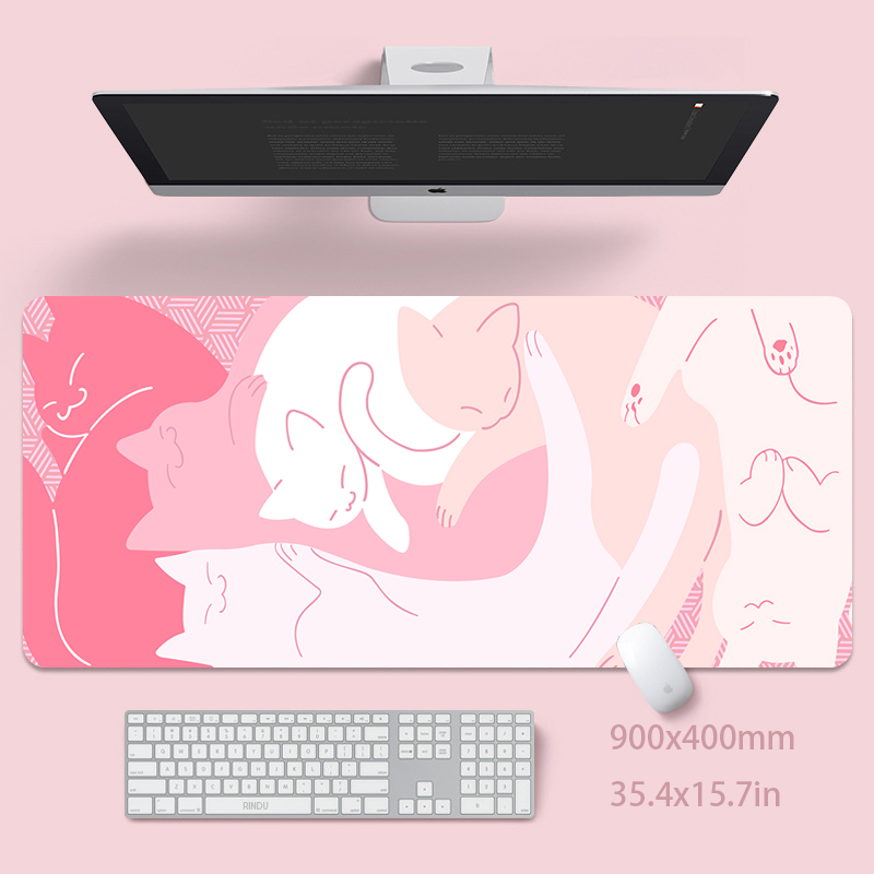 Desk Setup Pink - Sevimli kedi büyük Mouse Pad 100x50cm