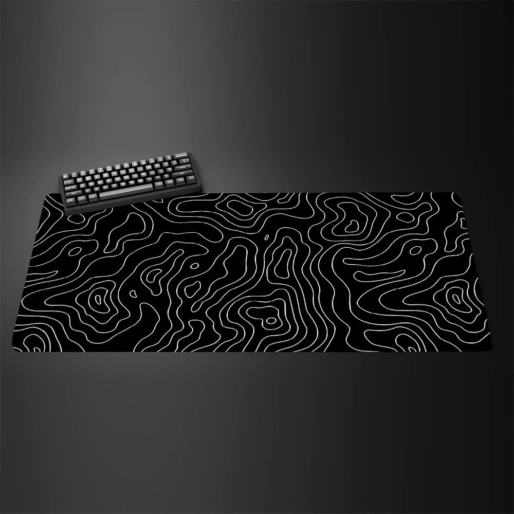 Desk Setup Black And White - Topografik Harita Büyük Oyun Mousepad'i Siyah
